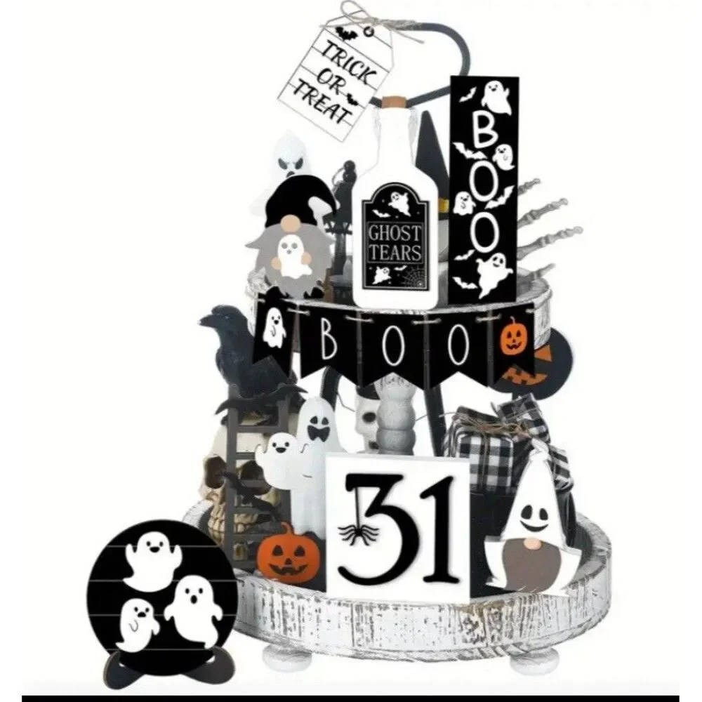 Halloween 13 Piece Rustic Country Wood Halloween Decor Set Farmhouse Tier Tray
